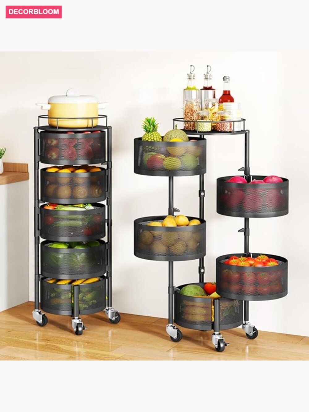 5 Tier Rotating Storage Cart with Wheels and Lid, X-Large Metal Wire Basket,